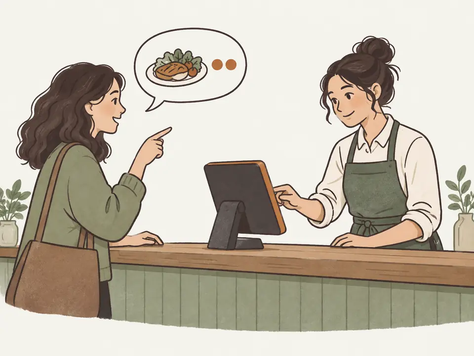 A staff member taps a counter order screen while a customer points out the dish she wants.