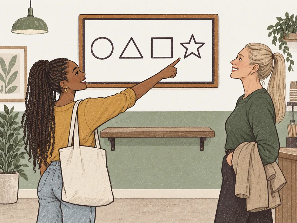 A guest pointing at her shape on a collection screen above a pick-up shelf.