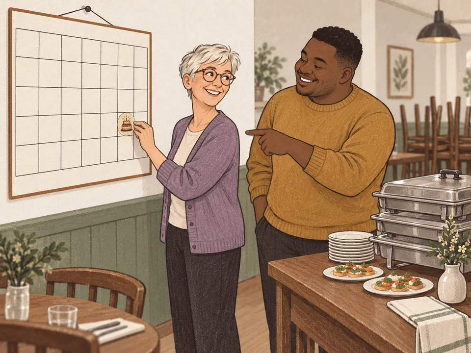A restaurant manager marking a catering order on a wall calendar while the event client points to the day.