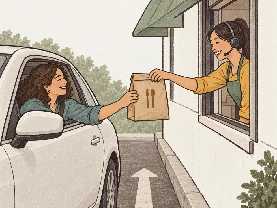 A staff member in a headset handing a food bag to a driver at a drive-through window.
