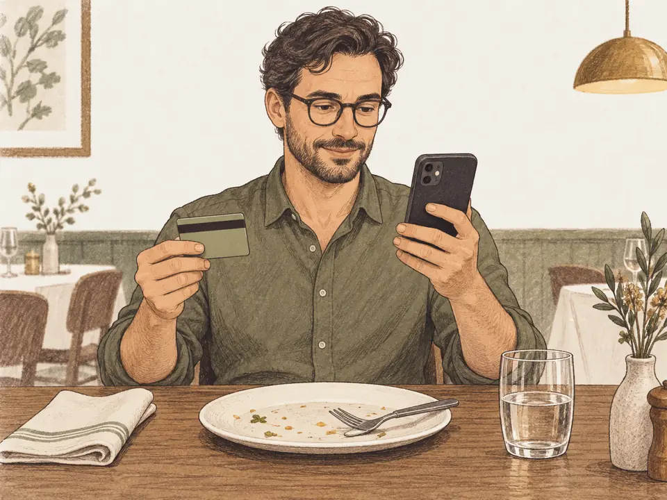 A diner pays by card on his phone at the table.
