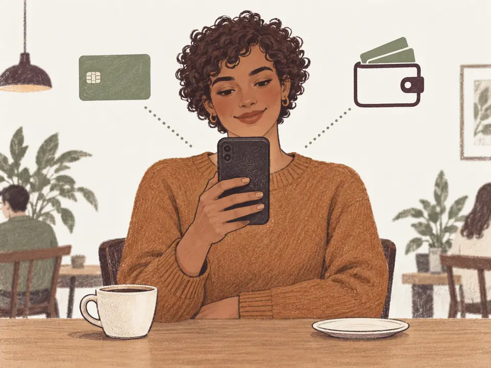 A guest on her phone with a choice of card or digital wallet.
