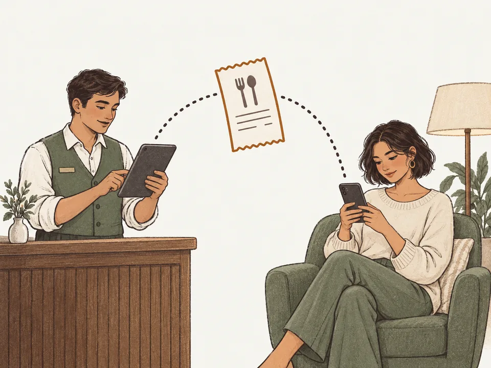A restaurant host sending a bill along a dotted path to a guest holding her phone at home.