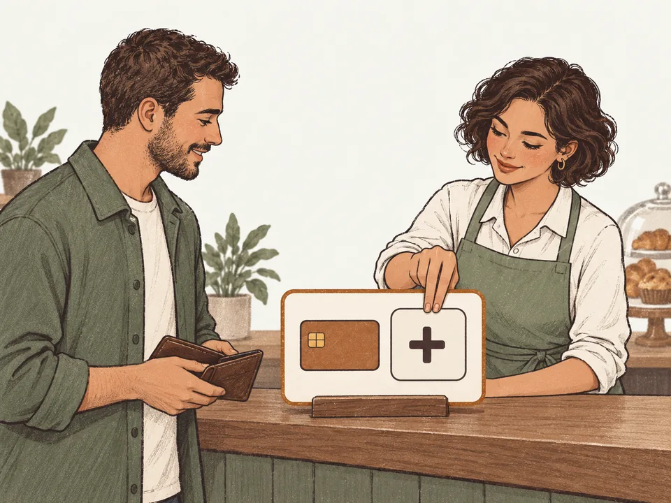 A cashier adding a second payment badge beside the card badge on a counter sign as a guest watches.