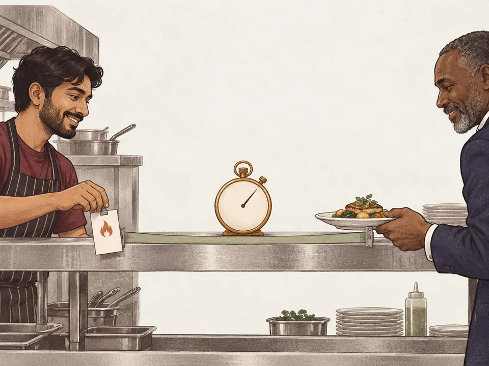 A kitchen pass where a stopwatch sits between a ticket being fired and a plate being served.