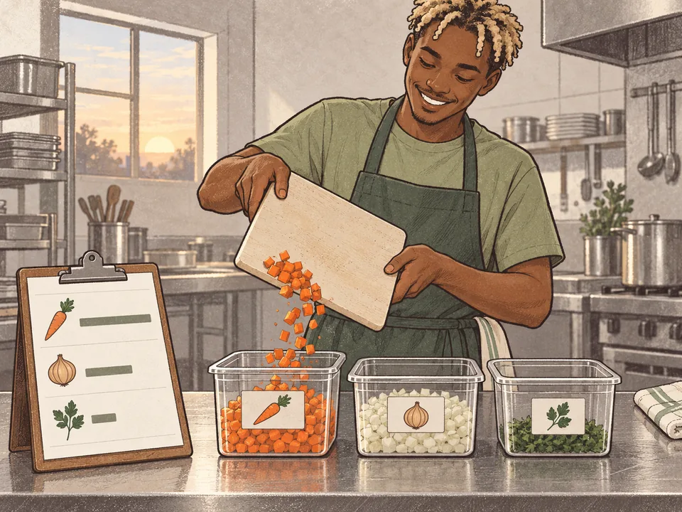A cook filling prep containers to the amounts shown on a pictogram prep sheet at an early-morning bench.