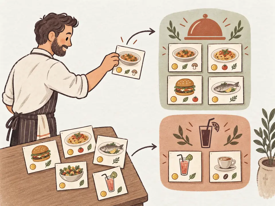 A chef sorts dish and drink cards into menu categories.