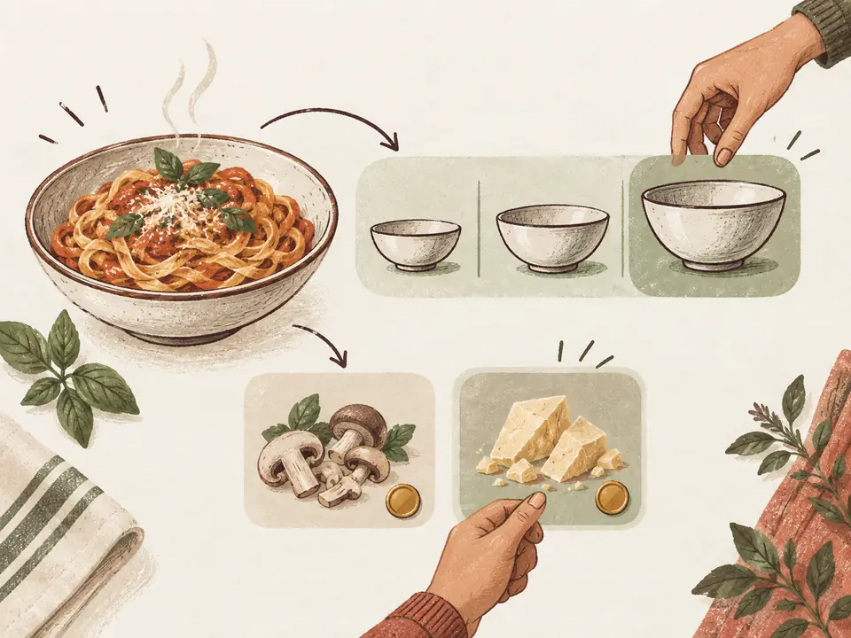 A pasta dish offered in three sizes, with mushrooms and cheese as priced extras.