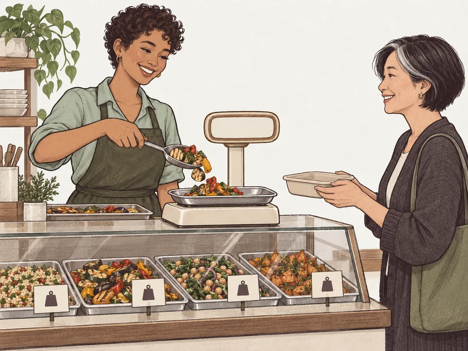 A counter worker weighing a scoop of grilled vegetables on a plain scale for a guest holding a takeaway container.