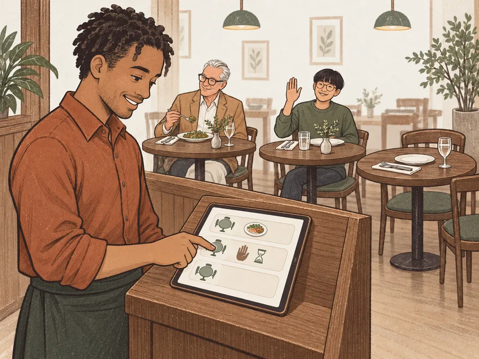 A manager at the host stand touching a waiting guest request on a tablet list of tables and looking up at the guest who raised a hand.