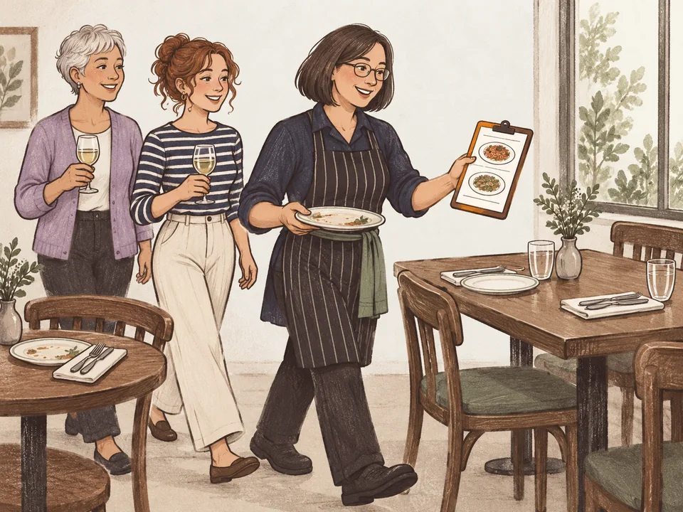 A server carrying a couple's order board to a larger window table as the couple follows with their wine glasses.