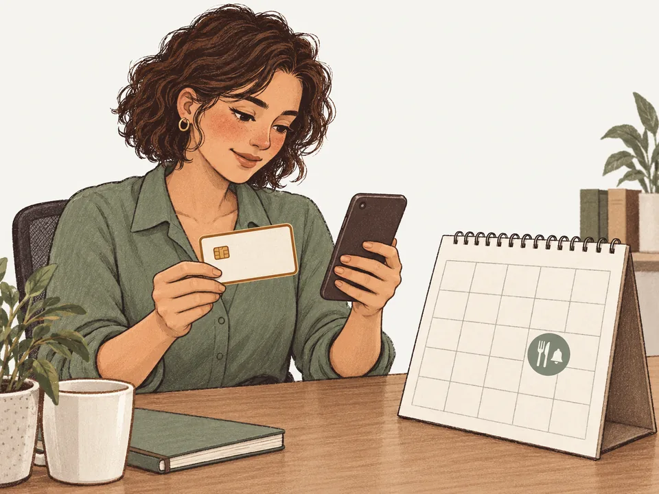 A guest holding a bank card beside her phone to pay a booking deposit, with a restaurant reminder sticker on her desk calendar.