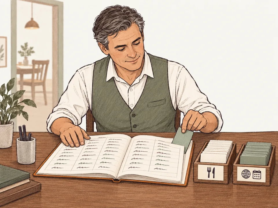 A manager moving a booking card from an outside booking platform's tray into the restaurant's own reservation book.