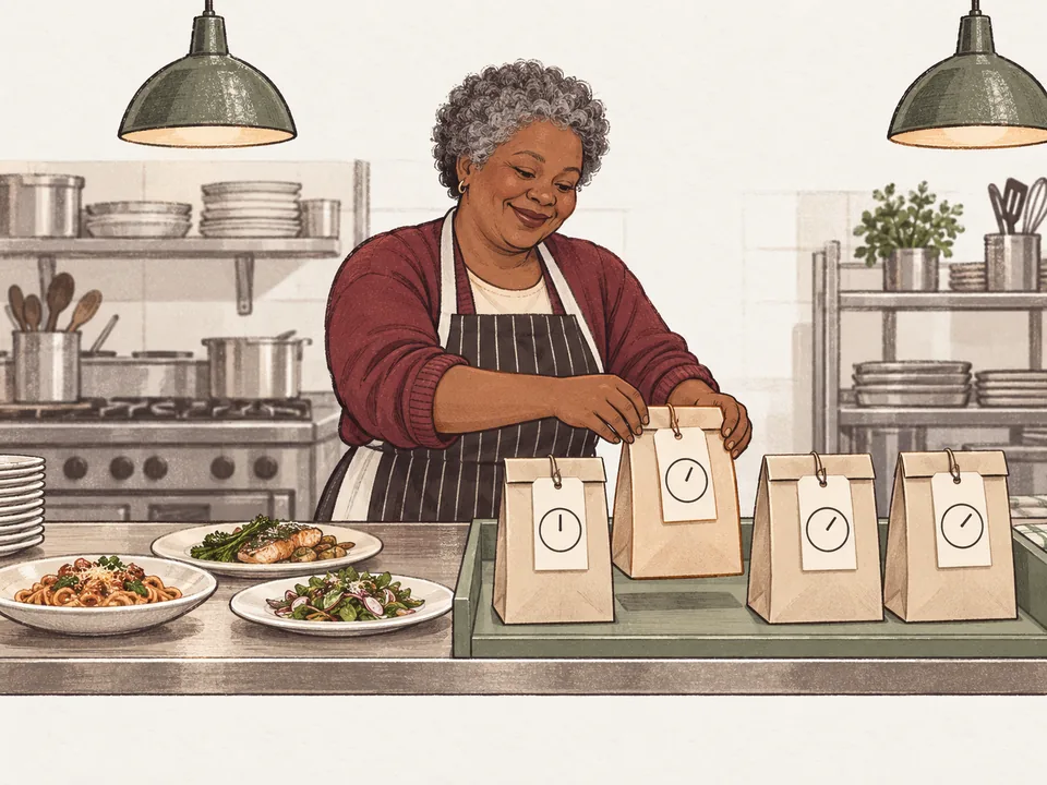 A cook slotting a takeaway bag into a kitchen collection lane where bags stand in pickup-time order.