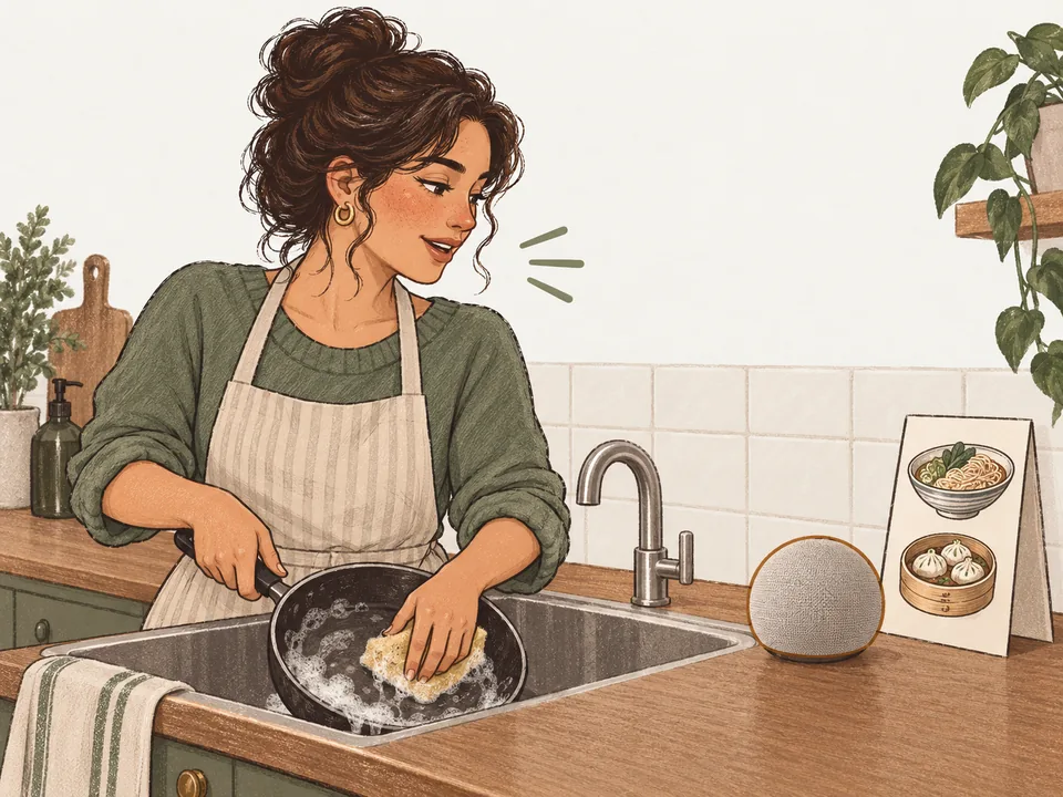 A guest with her hands busy at the kitchen sink saying her food order out loud to a countertop speaker.