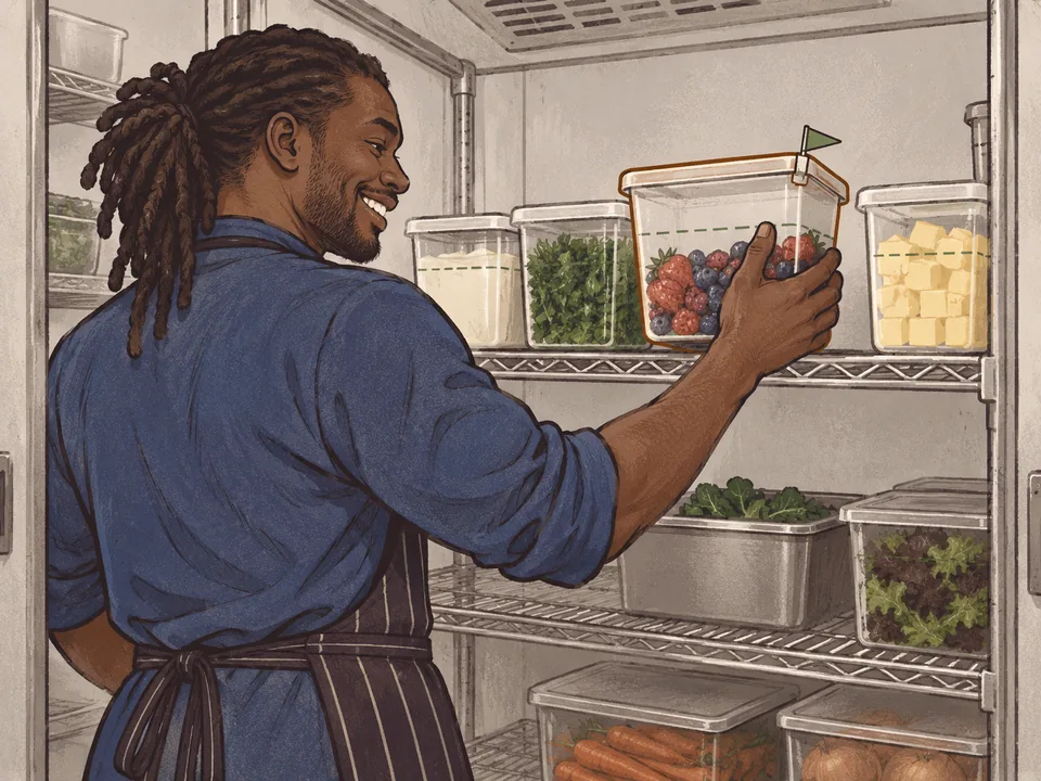 A cook reaching for the one flagged fridge tub that has dropped below its stock line.
