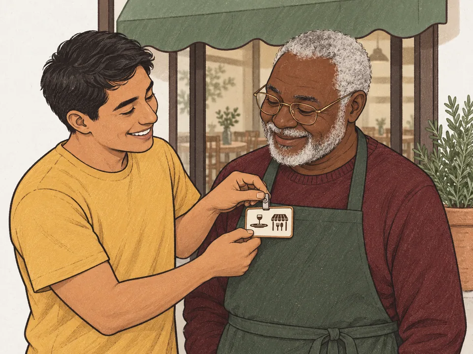 A manager clipping a badge with a role symbol and a restaurant symbol onto a new server's apron.