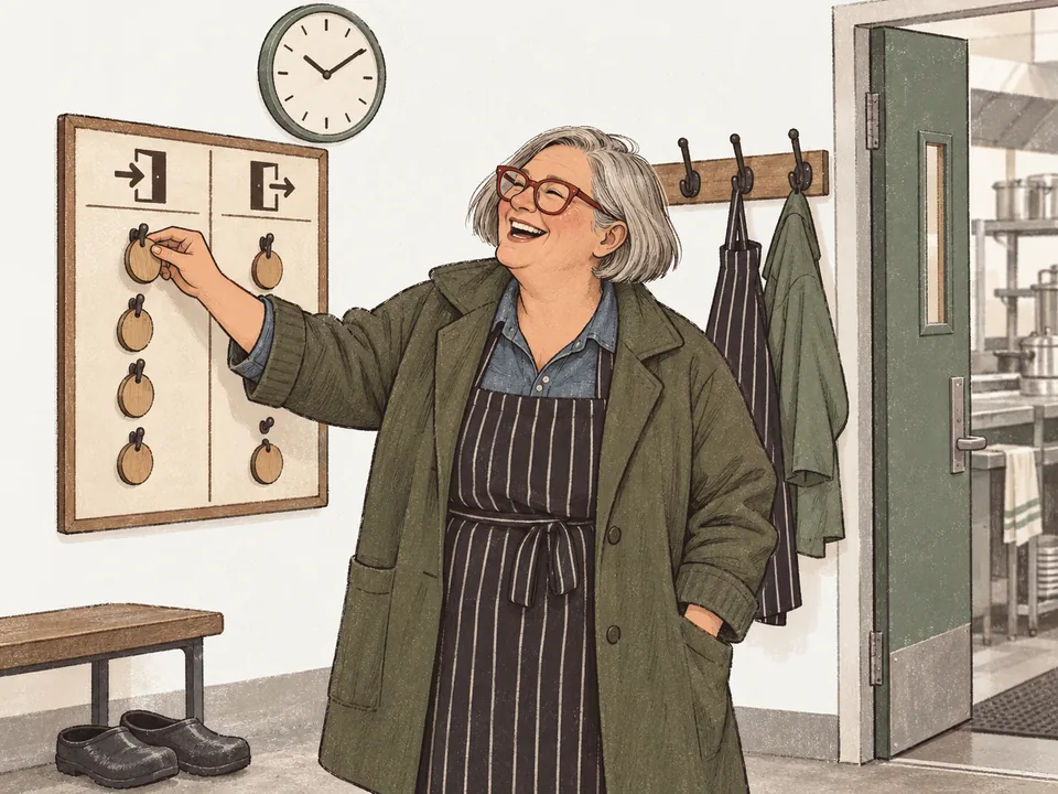 A cook arriving at the staff door and moving her tag to the in side of a clock-in board beneath a wall clock.