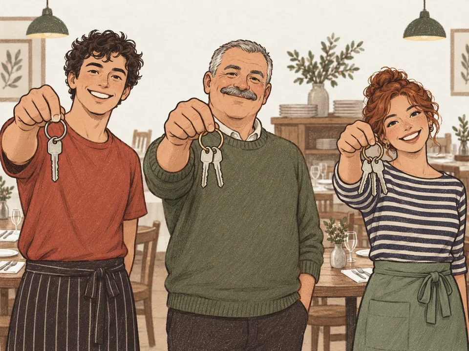A server, a manager and an owner holding up key rings with one, two and three keys.