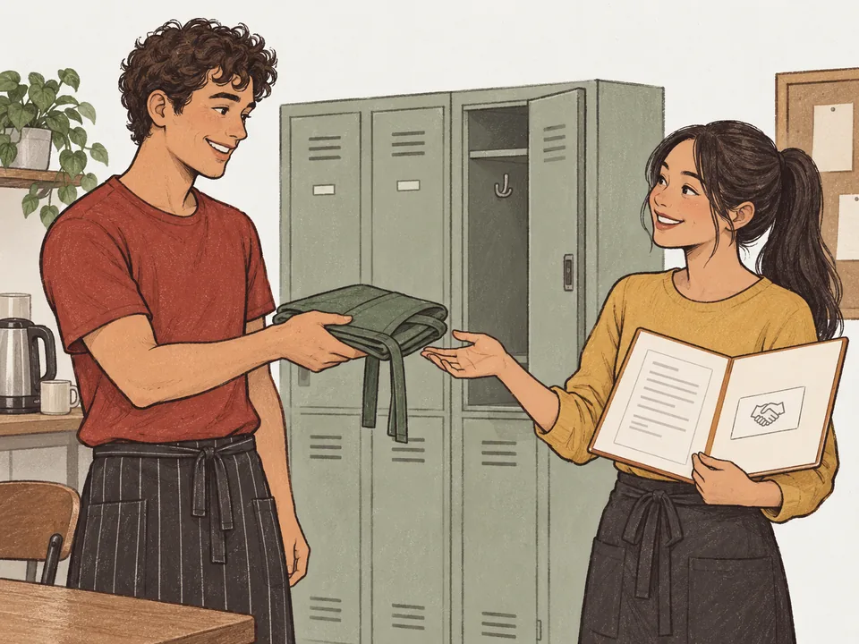 A manager handing a new hire an apron while the new hire holds an open onboarding folder in a staff room.