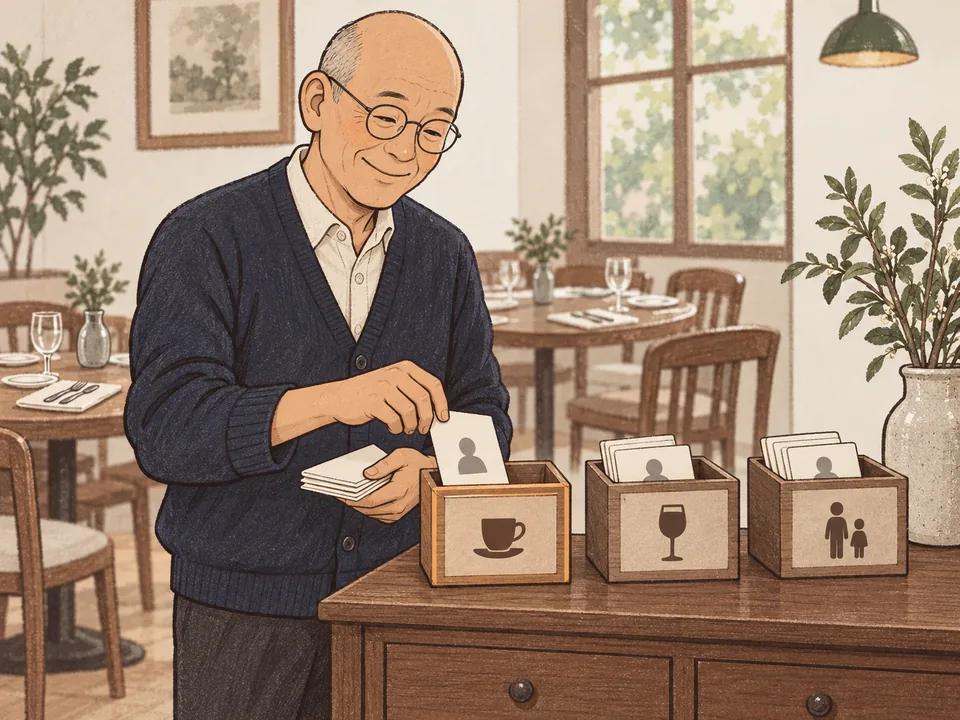 A manager sorting guest cards into three small boxes marked with coffee, wine and family pictograms.