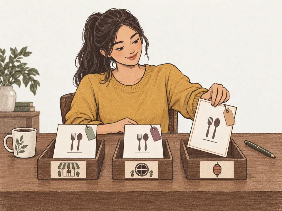A manager at one desk placing the same menu card into three trays marked for three restaurant locations.
