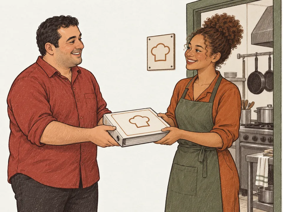 A franchise owner handing an operations binder to a franchisee at a kitchen door.