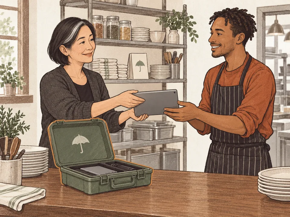 A restaurant manager taking a spare tablet from an umbrella-marked case and handing it to a waiter.