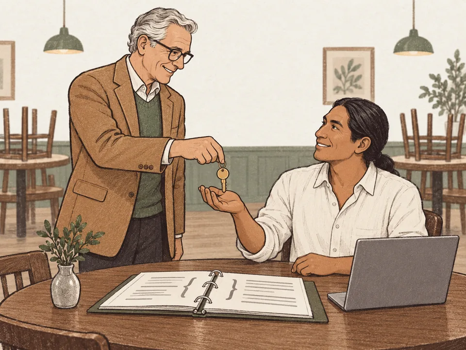 A restaurant manager handing a developer a key beside an open documentation binder.