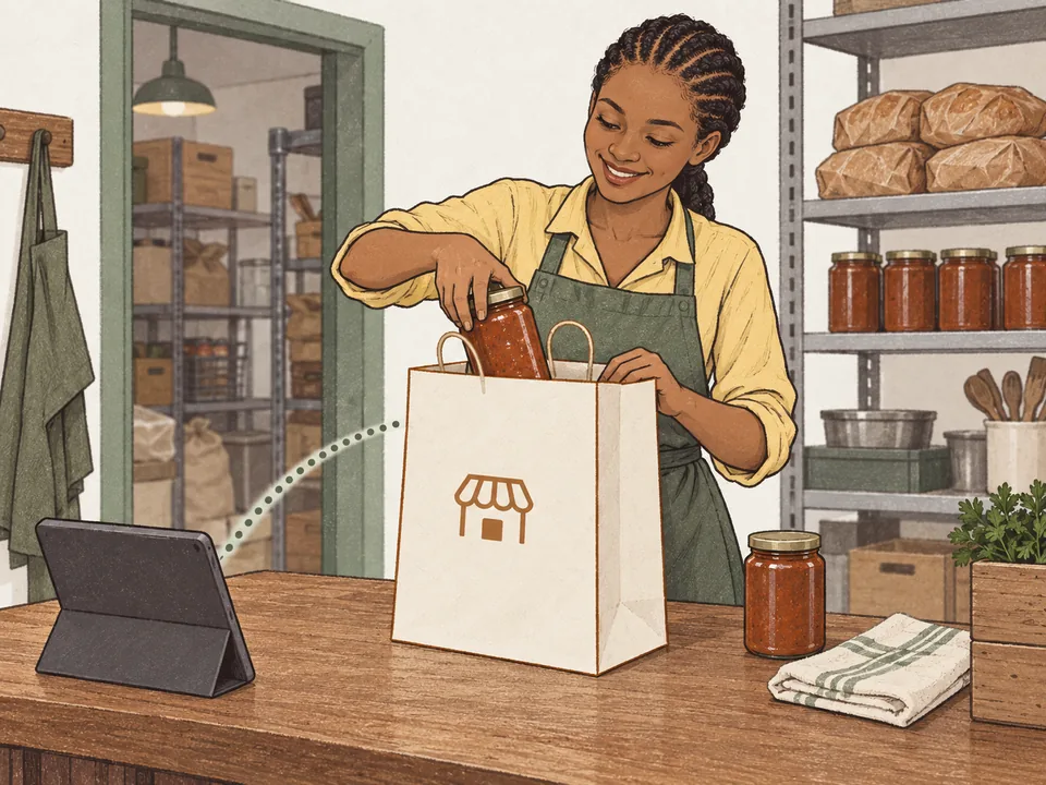 Restaurant staff packing a jar of house sauce into a shopping bag linked to a tablet.
