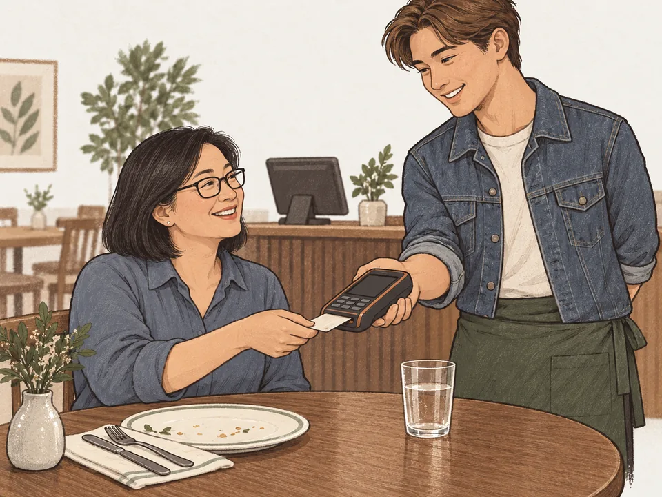 A guest sliding a bank card into a card reader held out by a server at the table.