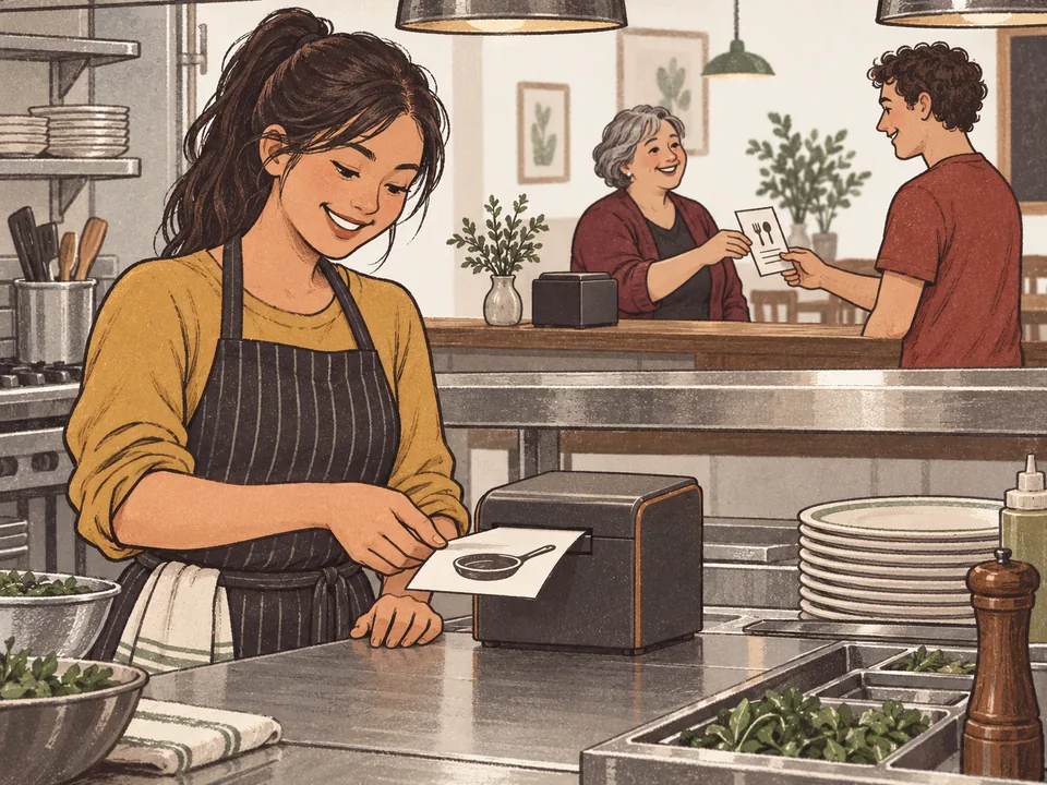 A cook tearing a kitchen ticket from a printer while a server hands a guest a receipt.