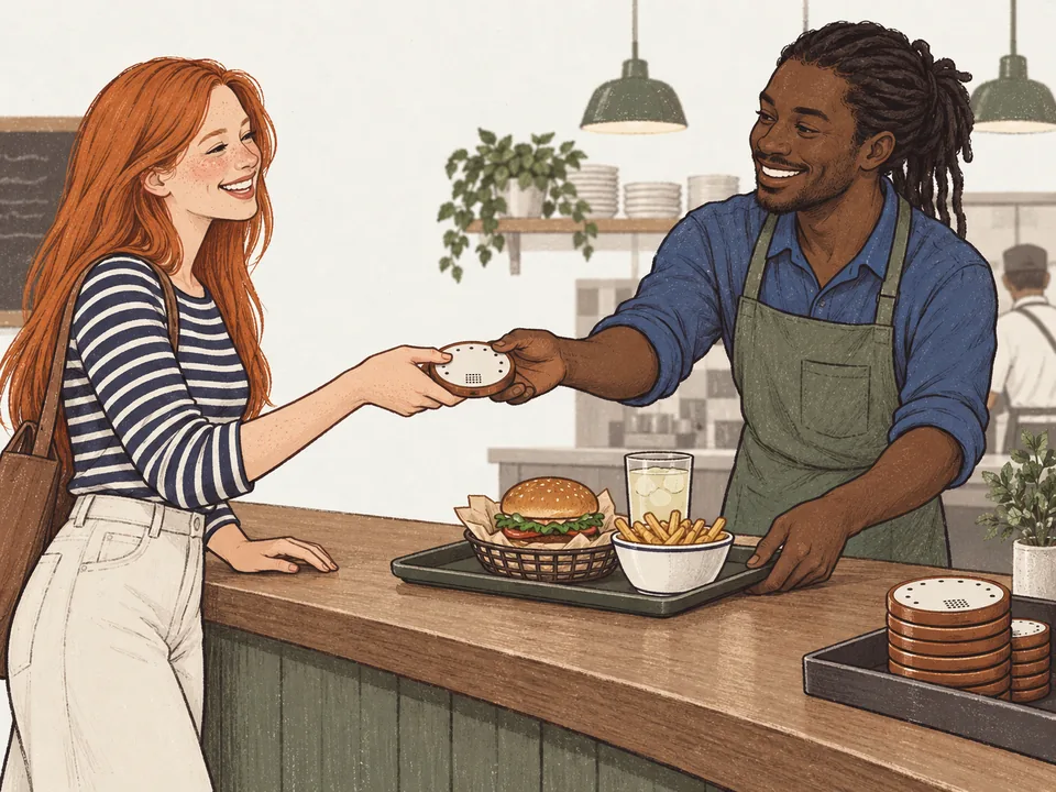 A guest handing back a pager at the counter as staff slide her a tray of food.