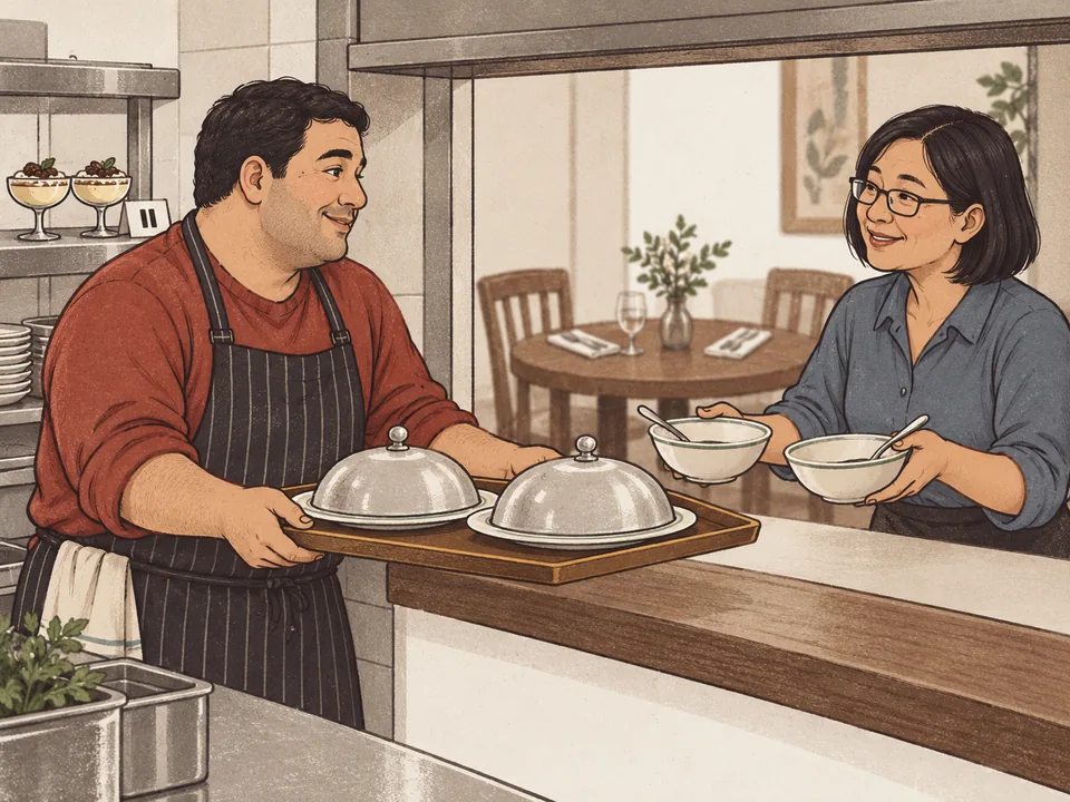 A head chef sending covered main courses through the serving hatch as a server returns the empty starter bowls, with desserts held back on a shelf.