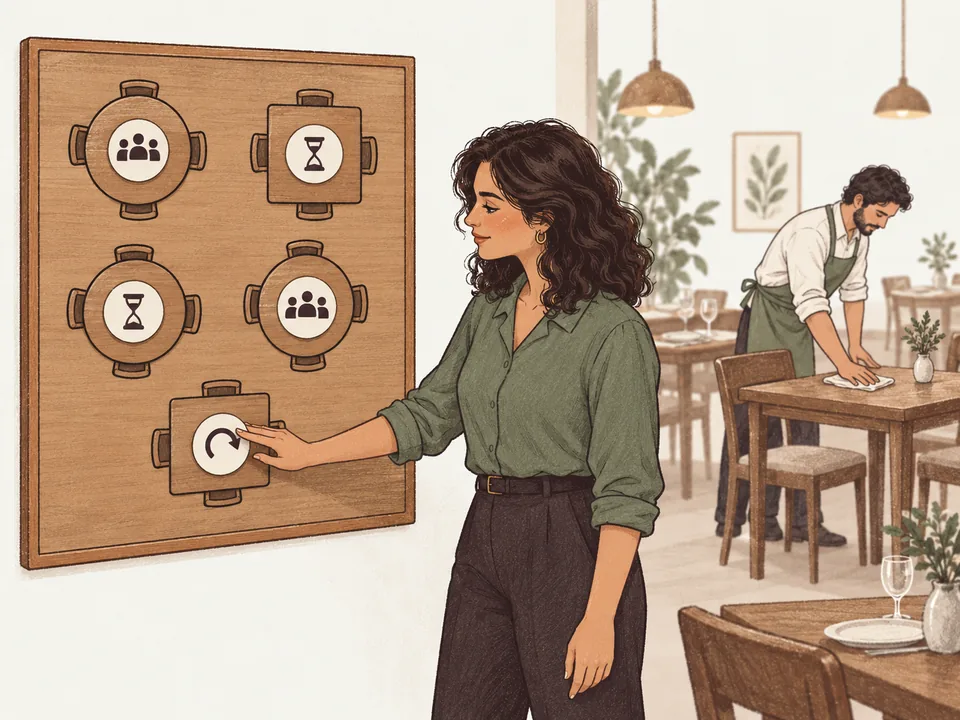 A floor manager marking a table ready to turn on a wooden floor-plan board while a server clears that table.