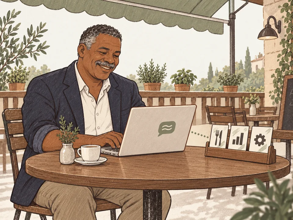 A restaurant owner typing a plain-language request on a laptop that changes a menu card, a report sheet and a settings card.