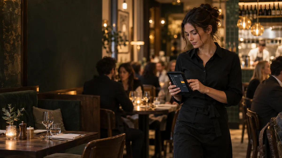 Illustration of a restaurant server checking a table order on a handheld device