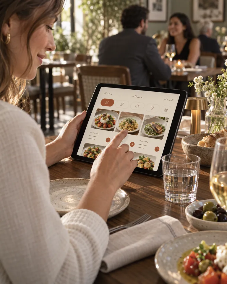 Illustration of a guest reading a digital restaurant menu at a table