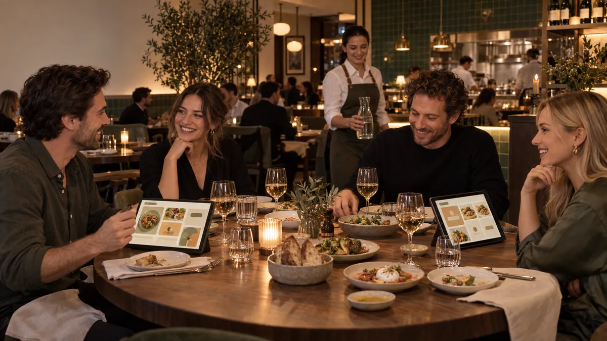 Illustration of diners using separate phones beside a shared restaurant bill