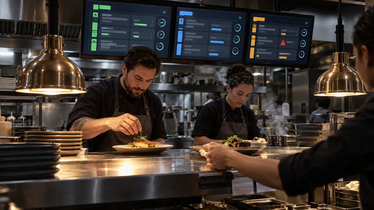 Illustration of kitchen staff reading order tickets on a screen at the pass