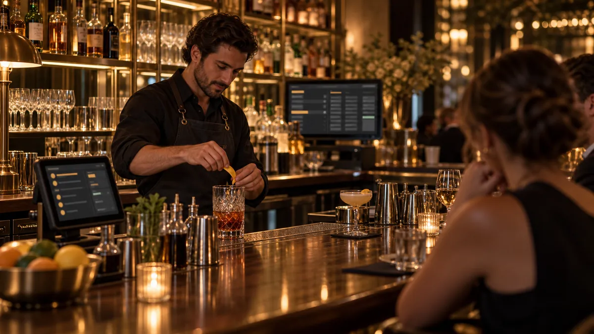 Illustration of bar staff entering a drinks round beside the bar