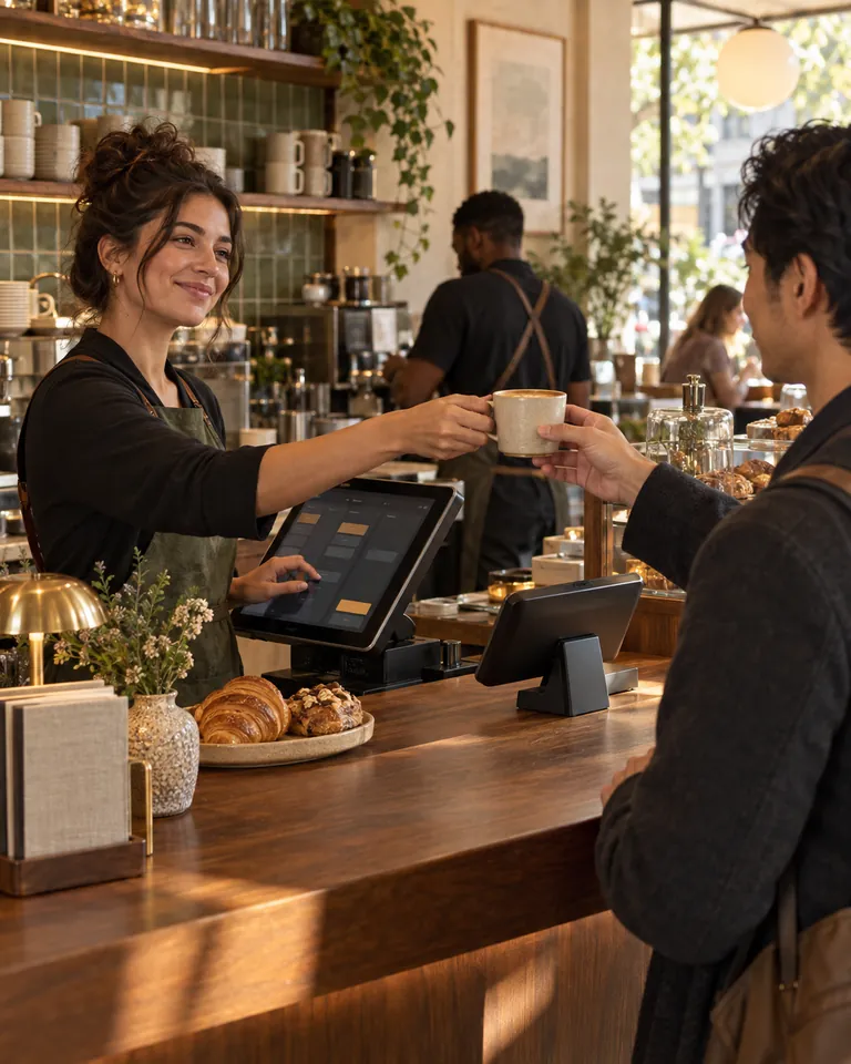 Illustration of a café worker entering an order at the counter