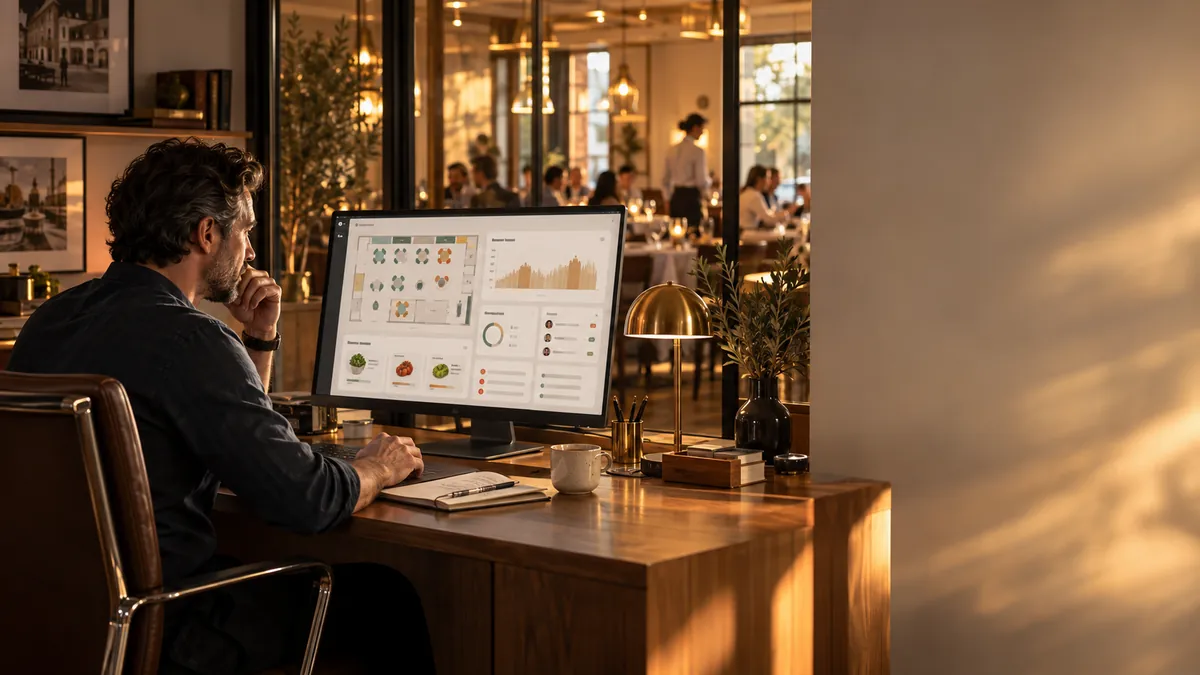 Illustration of a restaurant owner reviewing reports on a laptop