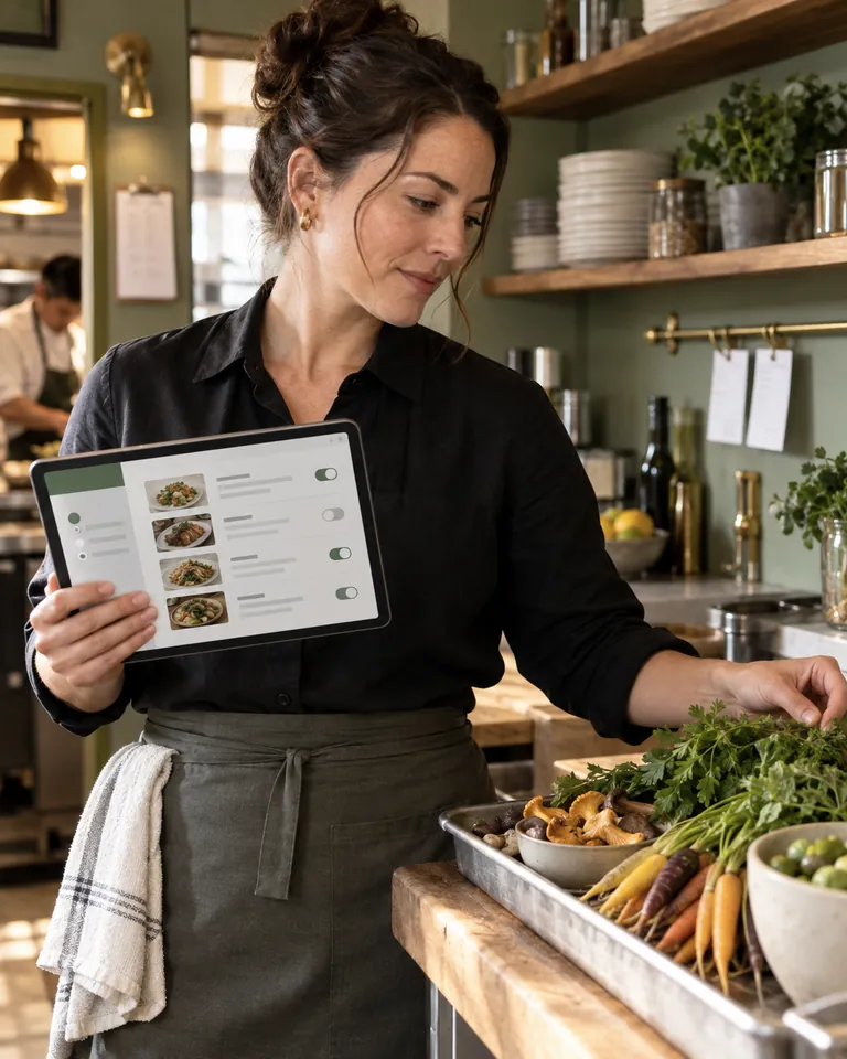 Illustration of a restaurant manager editing dish information on a tablet