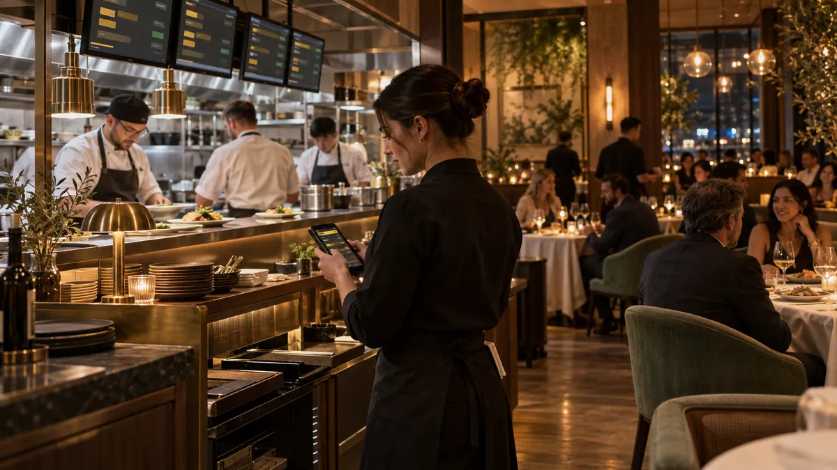 Illustration of restaurant floor and kitchen staff checking an order handoff