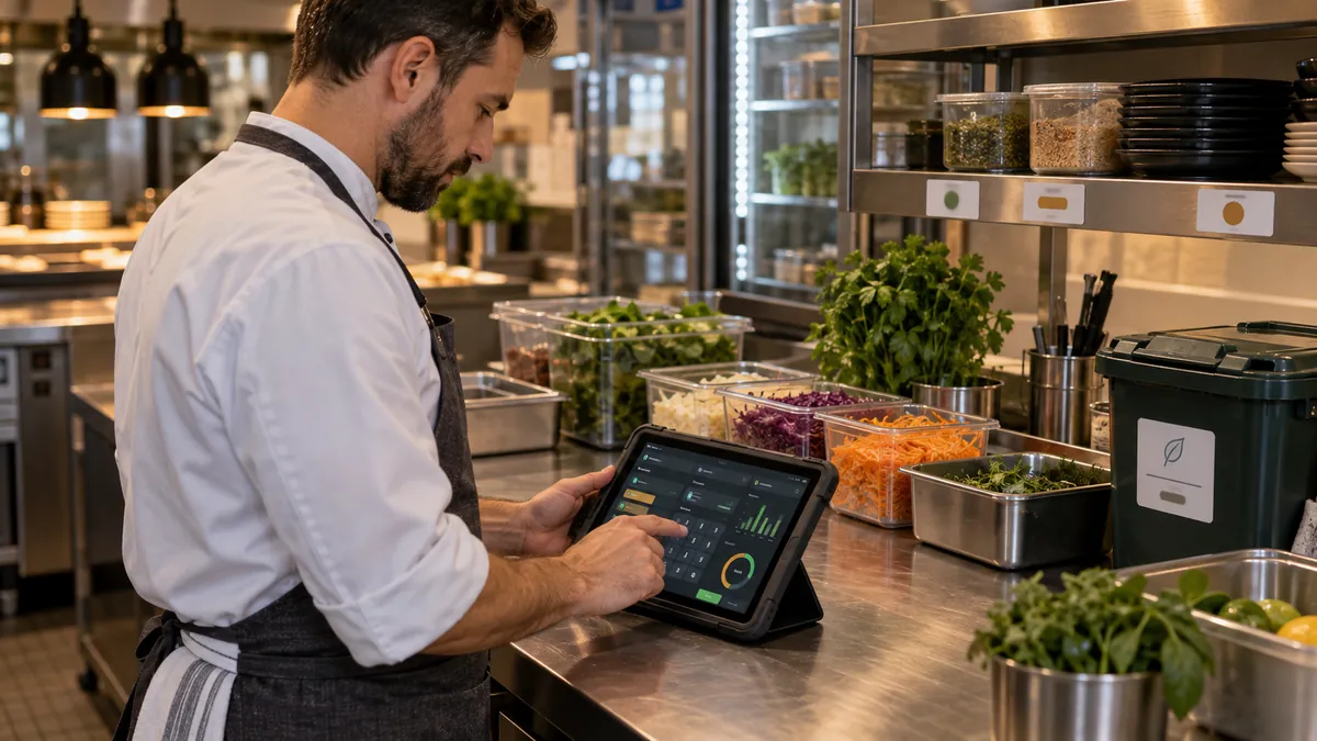 Illustration of restaurant staff comparing a delivery note with draft stock lines