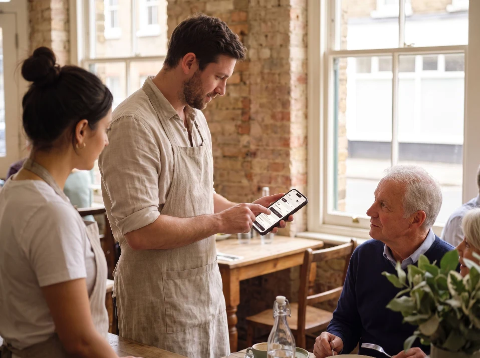 A server takes a seated guest’s order on a handheld device in a bright restaurant.