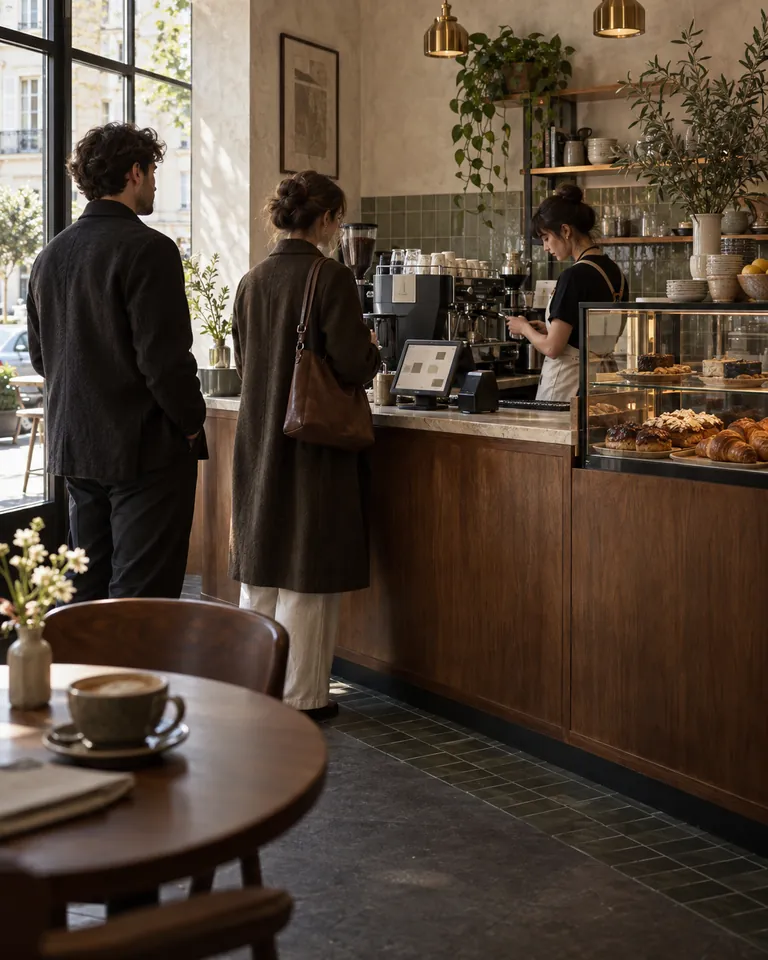Illustration of a staff member using RestaKit during café counter service