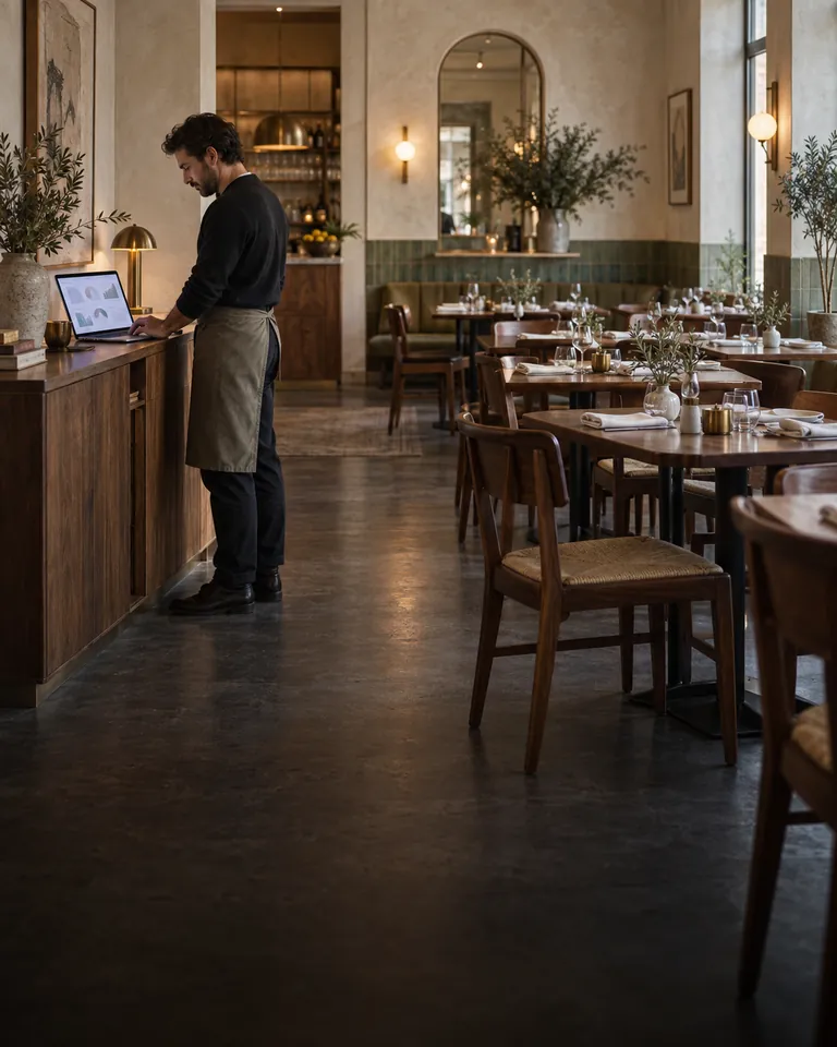 Illustration of an owner reviewing several restaurant locations with RestaKit